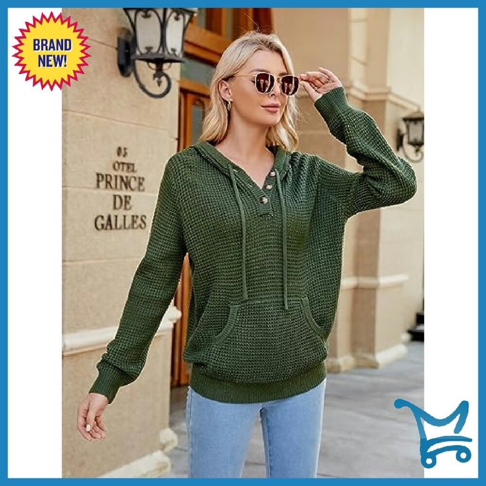 Oversized V-Neck Hoodie Sweater with Pockets, 100% Acrylic, Loose Fit - Picture 4 of 8